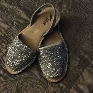 Fun silver glitter espadrilles, never worn, 10.
